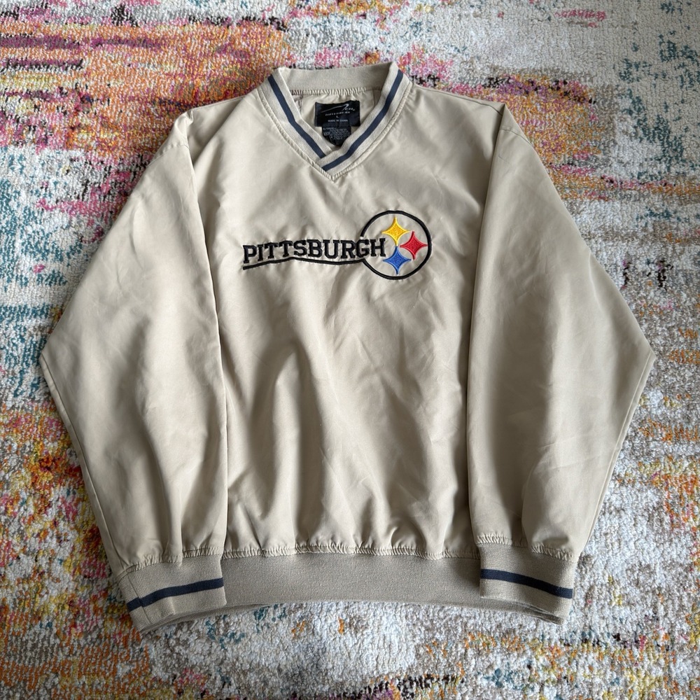 VTG Pittsburgh Steelers V-Neck Windshirt Pullover Beige Khaki L Embroidered NFL